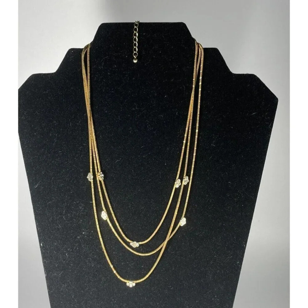 Avon Gold Tone 3 Strand Chain Necklace Rhinestone Accents Ajustable